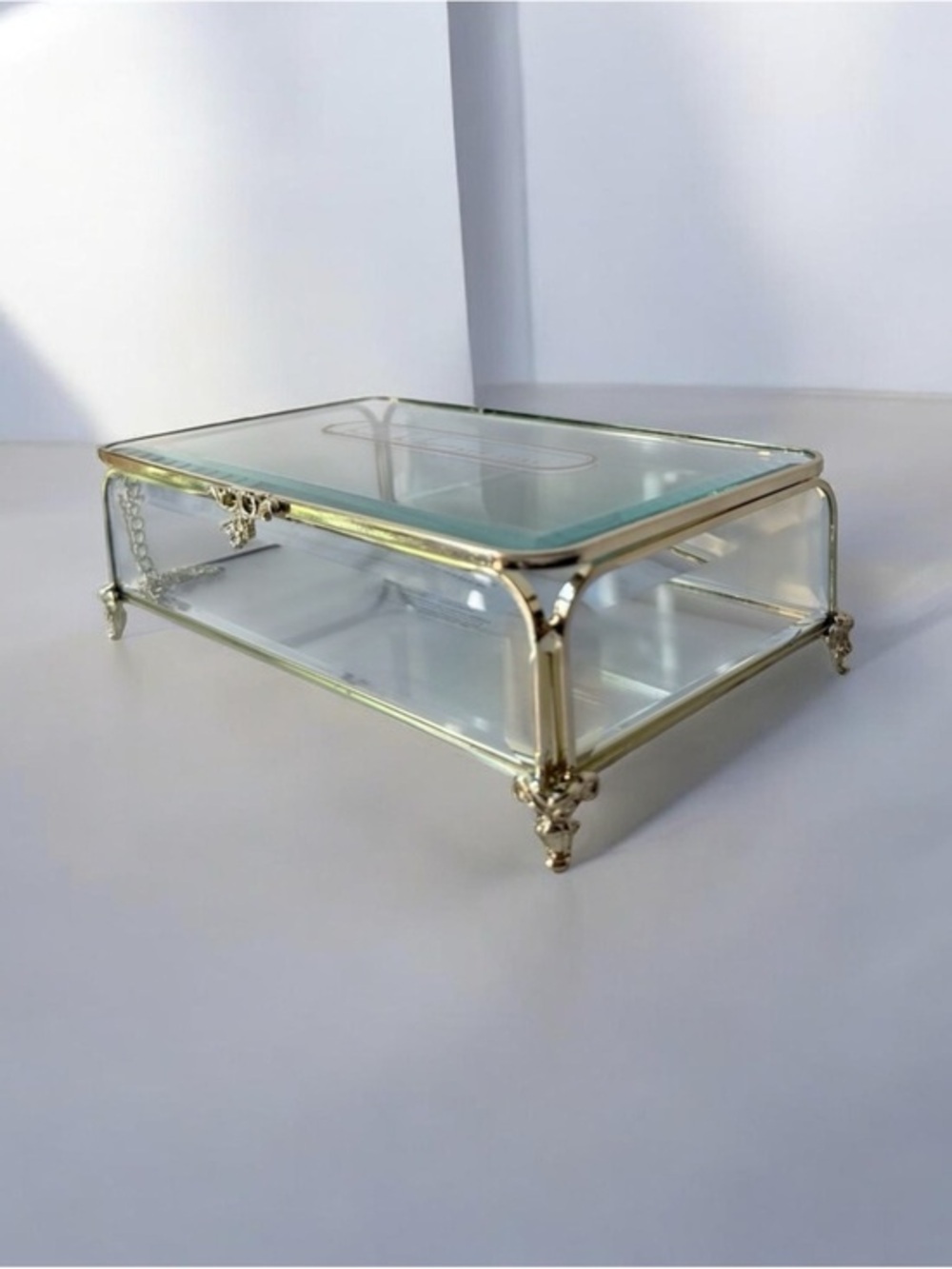 Glass Jewelry Display Box with Gold Frame vintage style